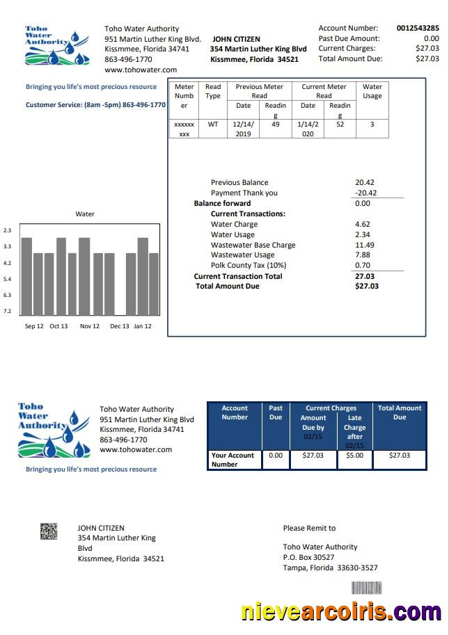 USA Florida Toho Water Authority utility bill